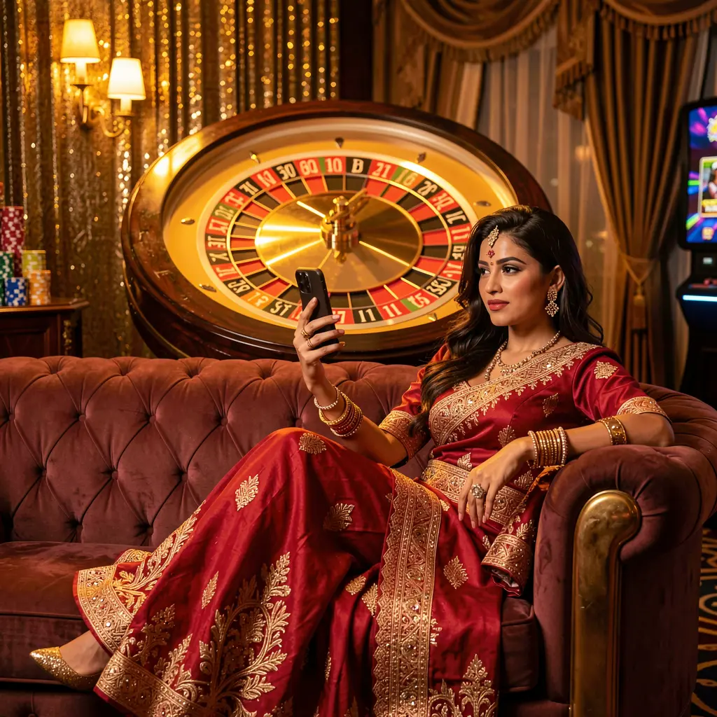 Elegant Bangladeshi woman relaxing on a luxury sofa while using the 81OK casino app with glowing roulette wheels and casino chips in the background