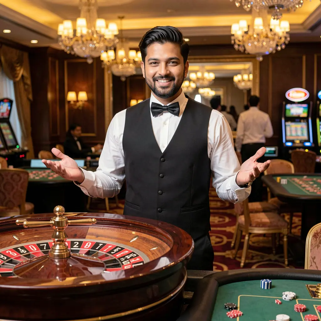 Professional live casino dealer standing next to a roulette wheel in a luxury studio atmosphere, representing the high quality live casino tables available at 81OK in Bangladesh