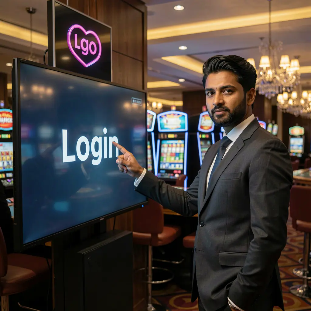 Elegant Bangladeshi casino dealer pointing at a glowing login screen in a modern 81OK casino setting